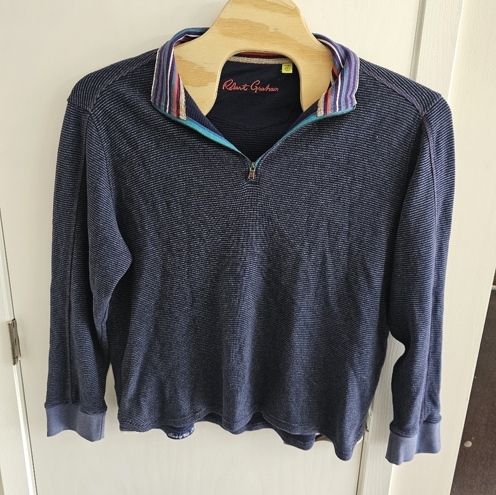 Robert Graham Navy Blue Cotton Sweater Mock Neck 1/4‎ Zip Pinstripe Men’s 2XL